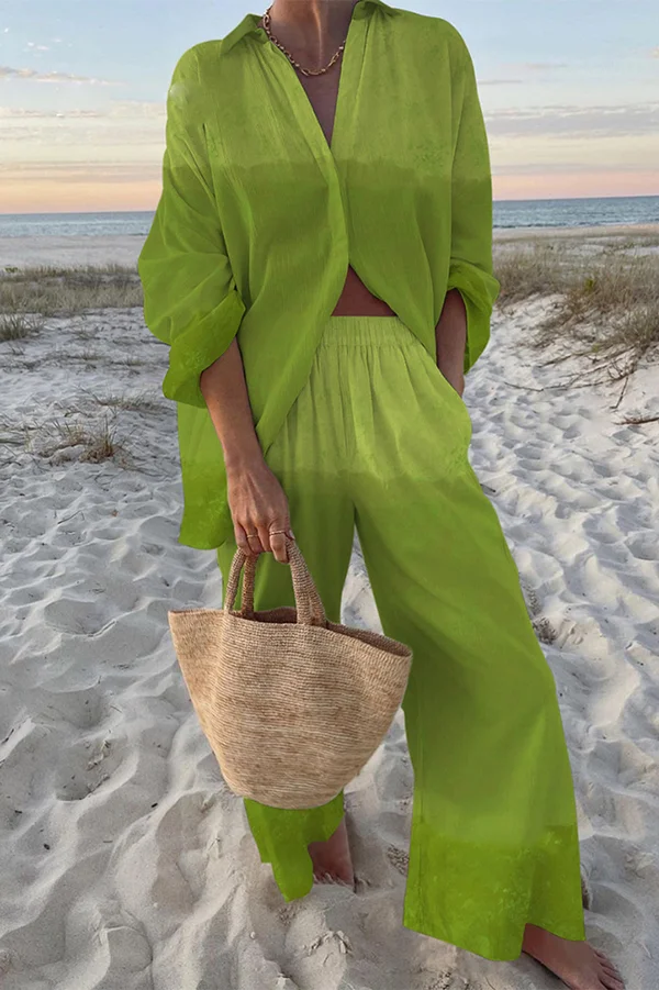 Ombre Print Oversized Shirt and Elastic Waist Pocket Pants Set