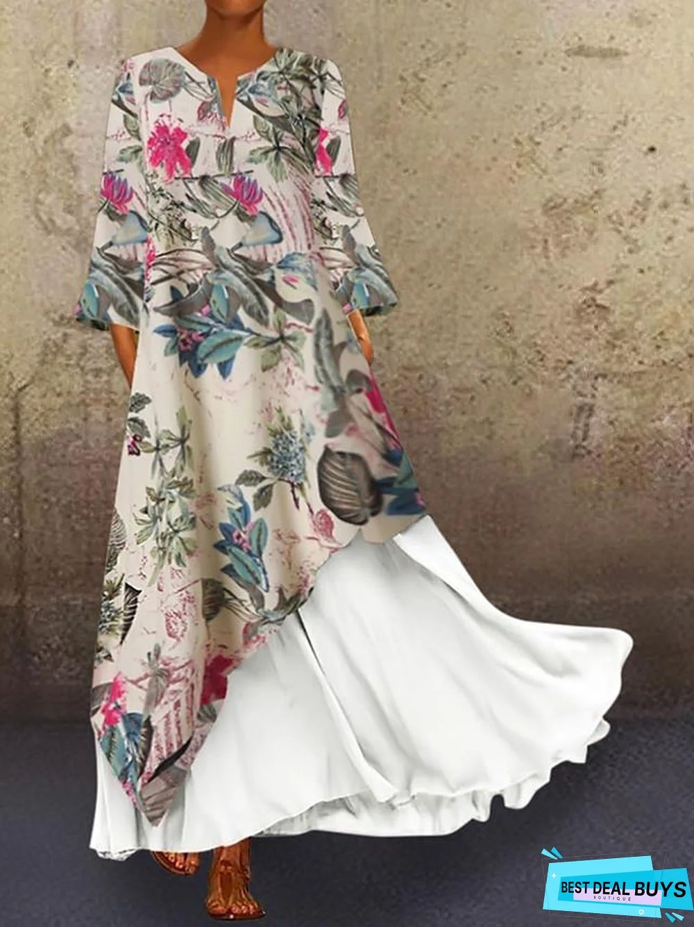 Women's Swing Dress Maxi Long Dress Long Sleeve Color Block V Neck Plus Size Hot White Yellow