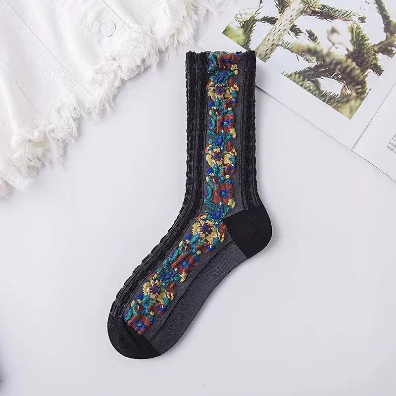 Vintage Mid Tube Autumn and Winter Ethnic Style Vincennes Jacquard Pile Socks with Flower Patterns