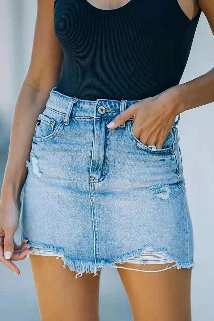 Street Solid Lace Ripped Denim Skirts