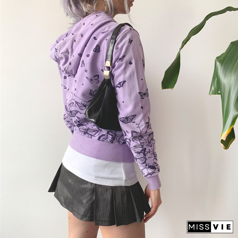 Butterfly Coat-Aesthetic Fairycore Grunge Long Sleeve Crop Tops Y2k Women Hooded Jacket