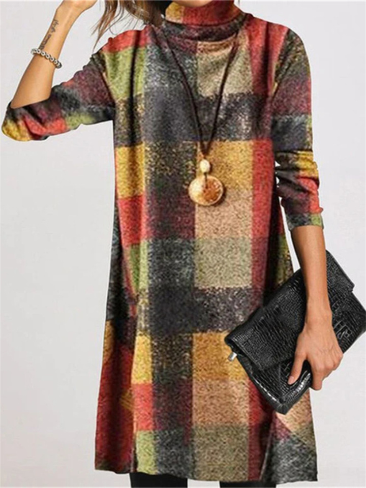 Women's Retro Casual Thickened High Neck Long Sleeve Plaid Color Collision Loose Dress Midi Dresses