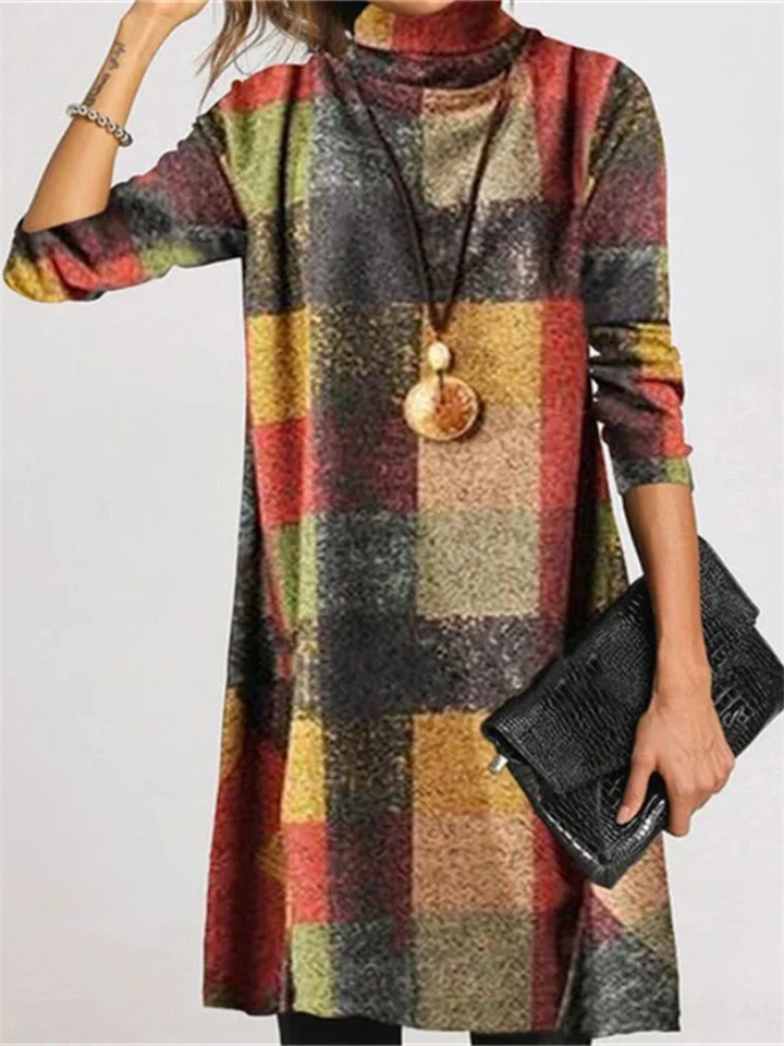 Women's Retro Casual Thickened High Neck Long Sleeve Plaid Color Collision Loose Dress Midi Dresses