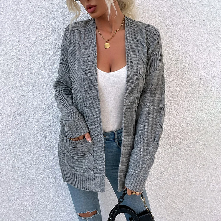 Women's Cardigan Long Sleeve Cable Knit Loose Fit Open Front Cardigan Sweater with Pocket