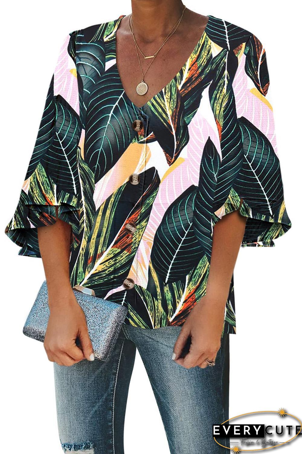 Green Tropical Leaf Print Button Down Blouse