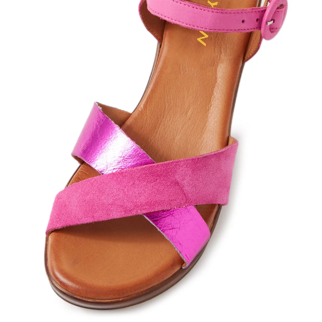 Pink Vegan Leather Buckle Fastening Strap Platform Sandals