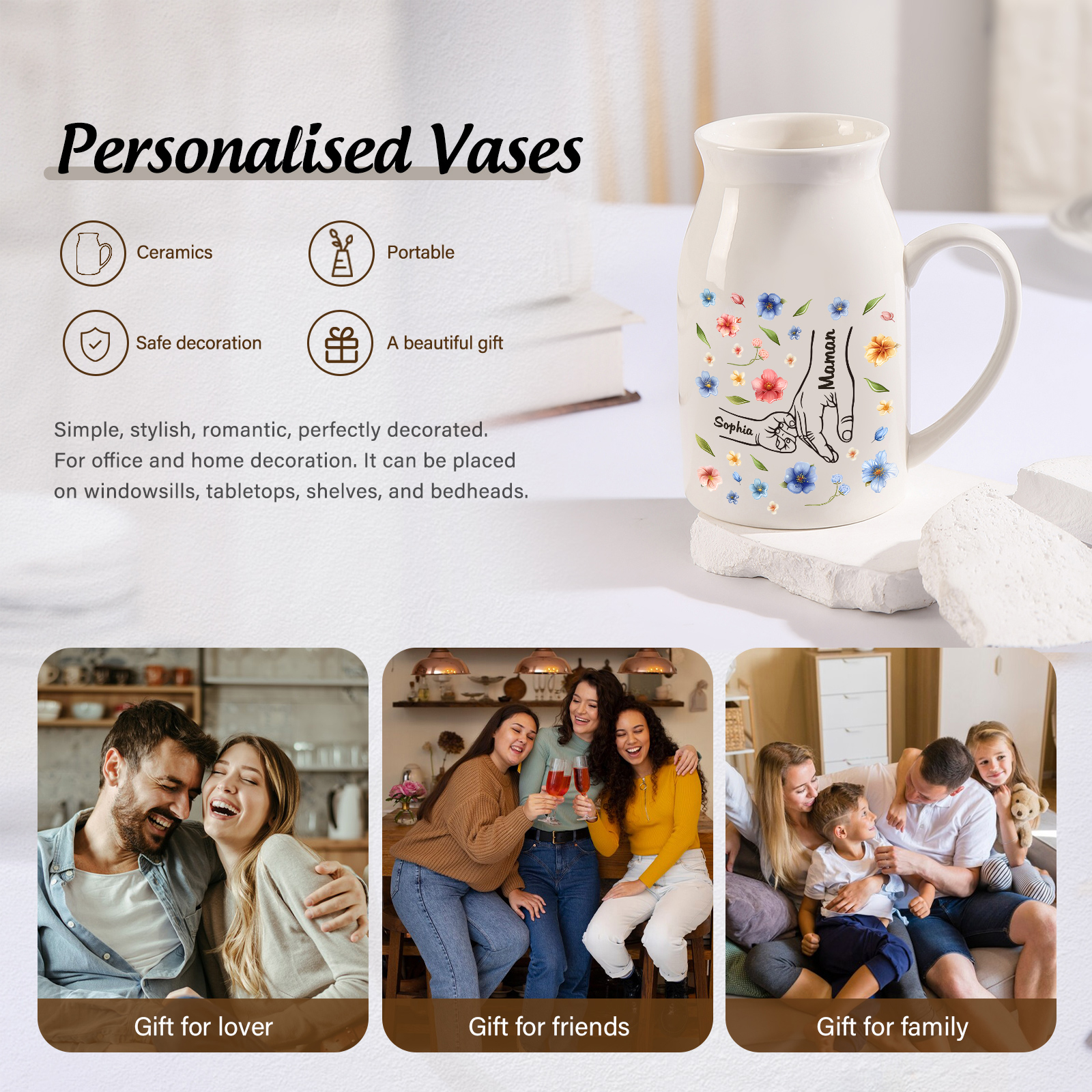 Vaso di ceramica con mano nella mano 2 nomi personalizzati per mamma/nonna