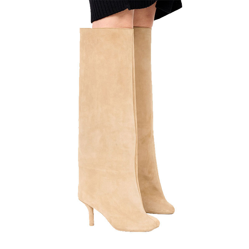 80mm Women's Suede Boots Square Toe Stiletto Heel  Knee Boots-MERUMOTE