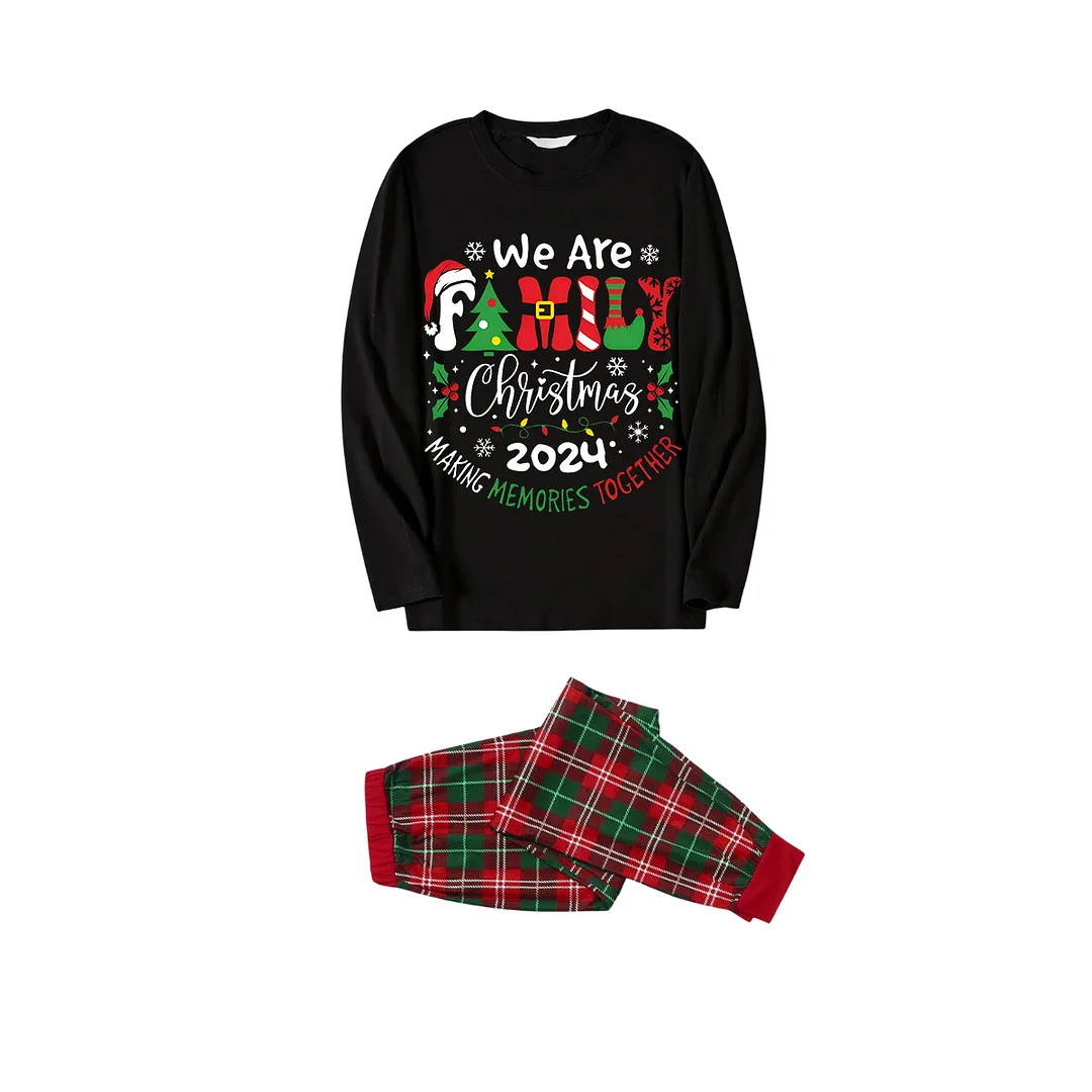 "We are Family" 2024 Christmas Wreath - Black Top with Red & Green Plaid Pants Family Matching Pajama