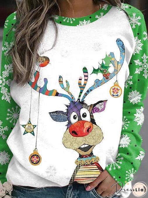 Women's T-Shirts Christmas Elk Crew Neck Long Sleeve Casual T-Shirt