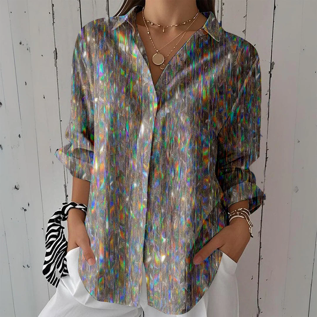 Style & Comfort for Mature Women Women Silver, Shiny DZCL0344 3/4 Sleeve Shirt Collar Printed Button Tops