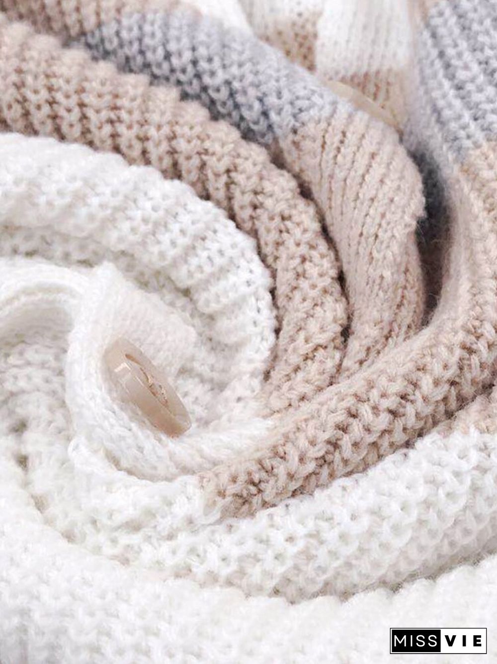 Autumn Winter Neck Knitted Cardigan Fashion Commuter Style Ladies Loose Button Stripe Long Sleeve Thick Short Coat Sweater