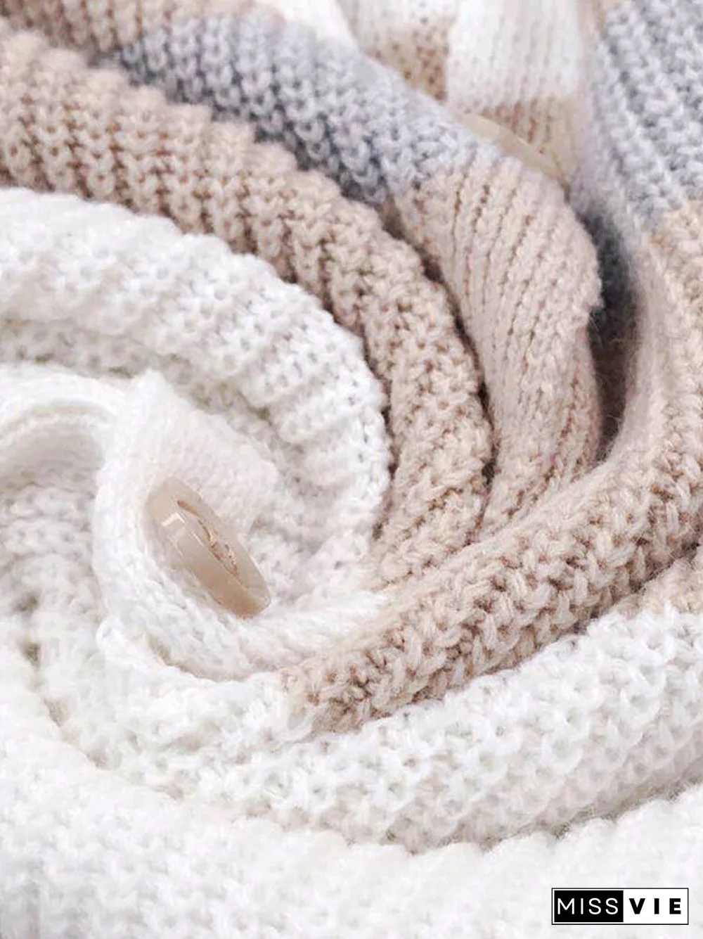 Autumn Winter Neck Knitted Cardigan Fashion Commuter Style Ladies Loose Button Stripe Long Sleeve Thick Short Coat Sweater