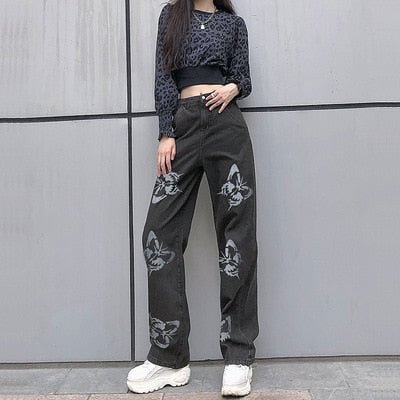 E-girl Hip Hop Vintage Jeans Woman Long Trousers Loose Cargo Pants Cowboy Female Harajuku Streetwear Butterfly Print Y2k Pant