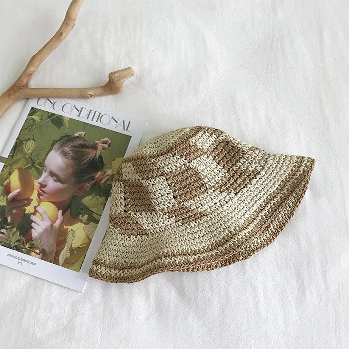 Summer Handwoven Straw Yarn Crochet Sun Hat Women Beach Hats Plaid Bob Fisherman Cap Women Panama Hats