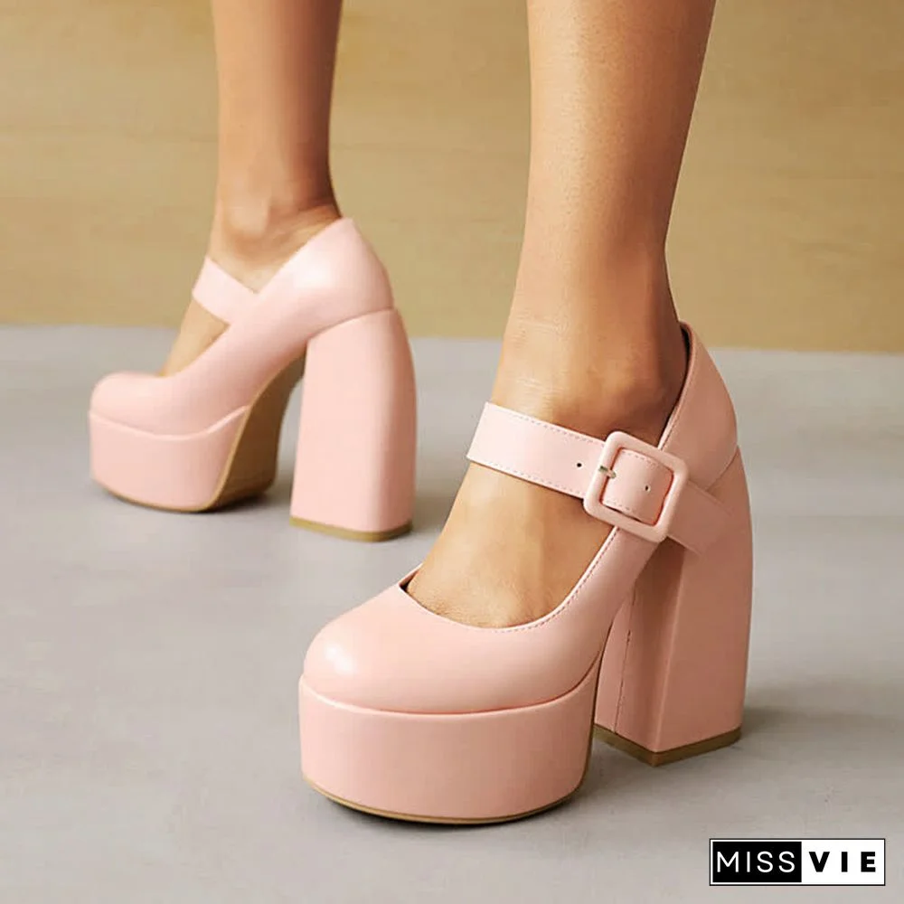 Pure Color Chunk High Heel Mary Janes Shoes