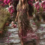 Women's Floral Roses Art Print Flowy Linen Blend Casual  Maxi Dress - Image 2