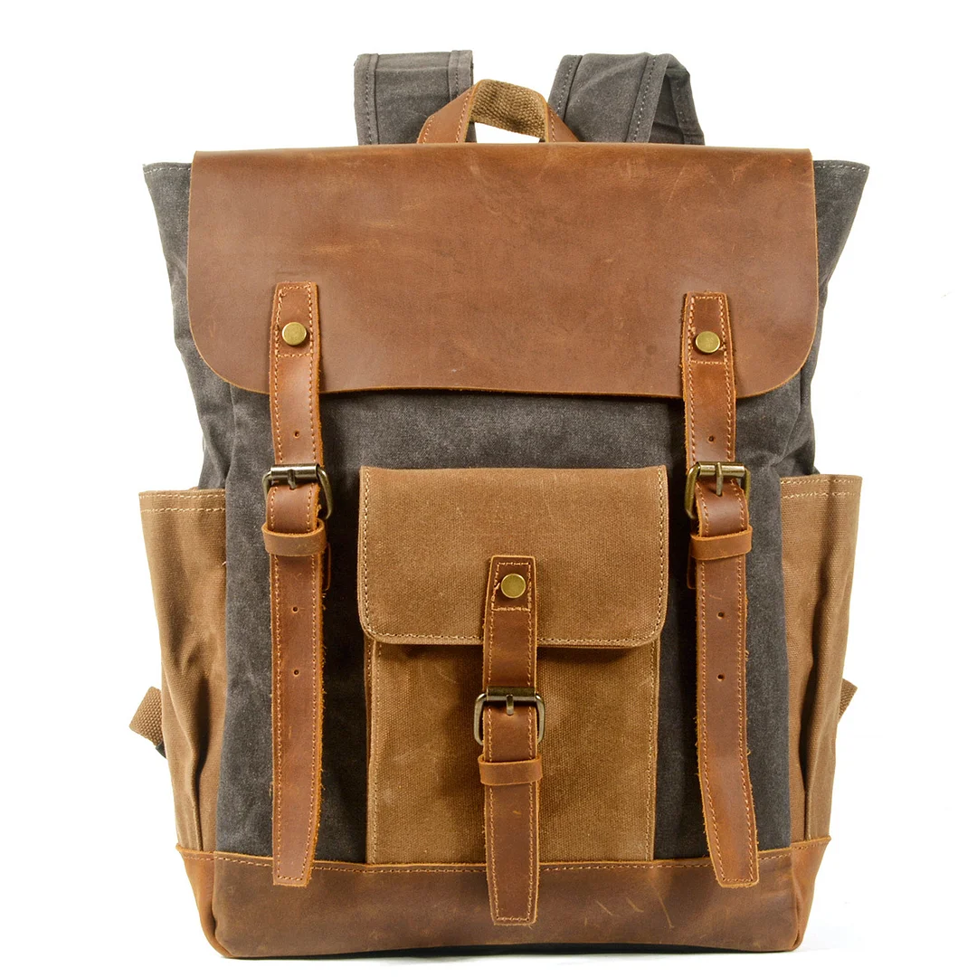 Retro Outdoor Backpack Canvas Stitching Crazy Horse Leather Backpack Waxed Waterproof Computer Bag Unisex