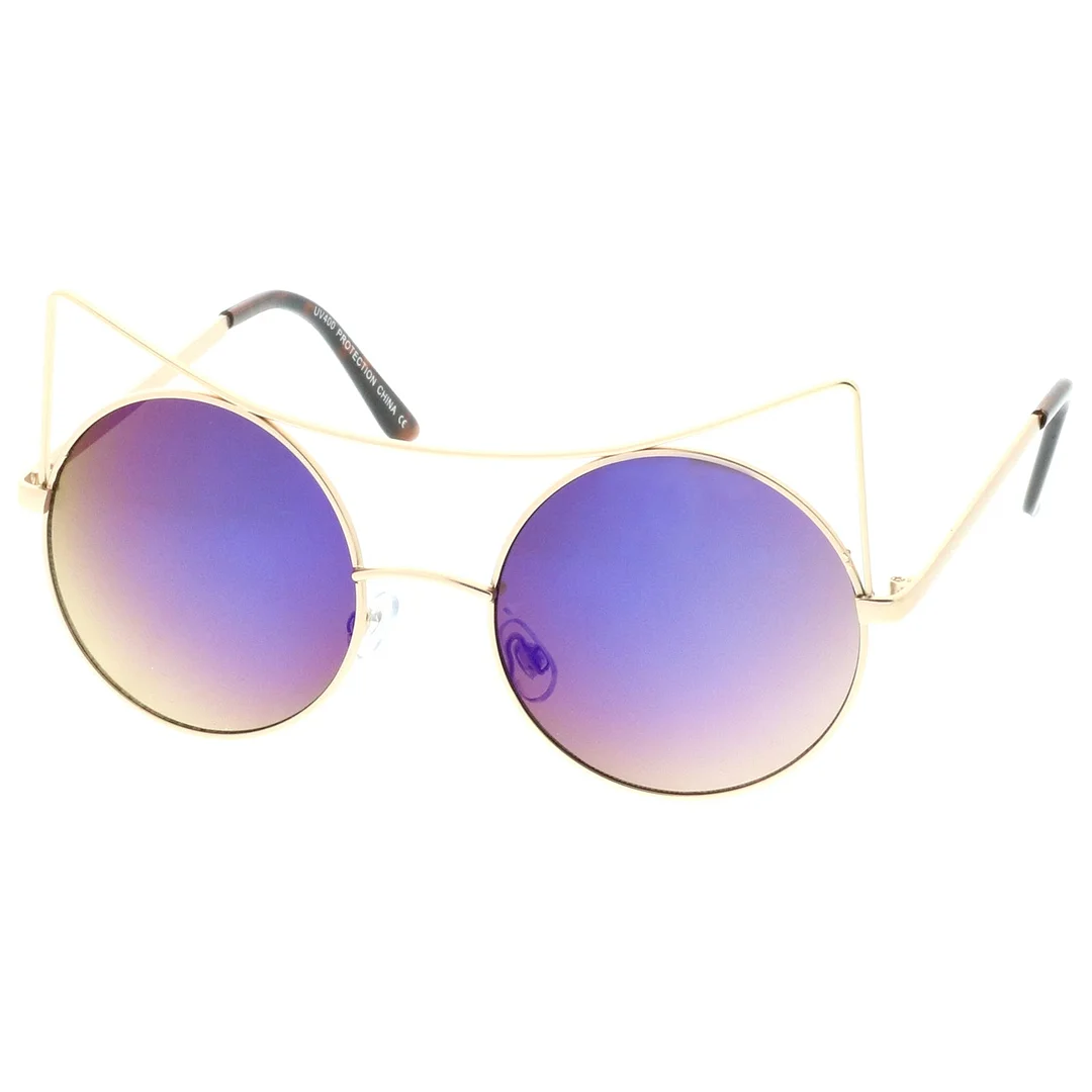 Women's Oversize Open Metal Cat Eye glasses With Colored Mirror Flat Lens 54mm