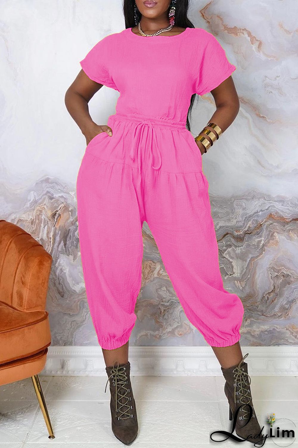 Army Green Fashion Casual Solid Color Halter Short Sleeve Top Two Pieces Set