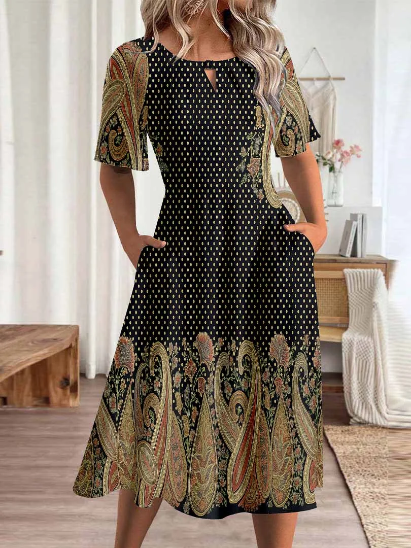 Women Graphic,Brown DZHA8167 Short Sleeve Scoop Neck Graphic Printed Hollow Midi Dress