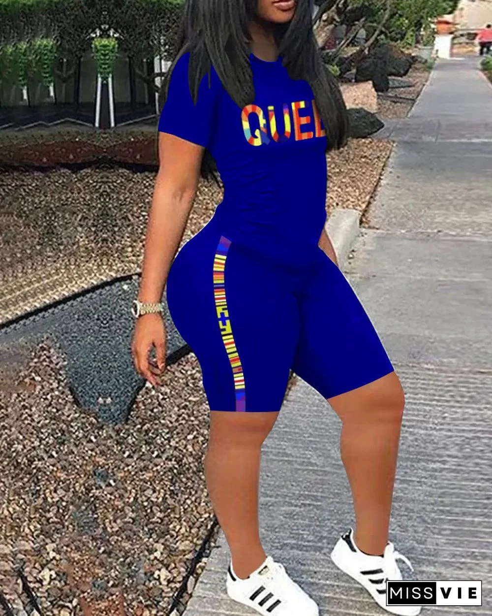 Casual O Neck T Shirt Biker Shorts Tracksuits