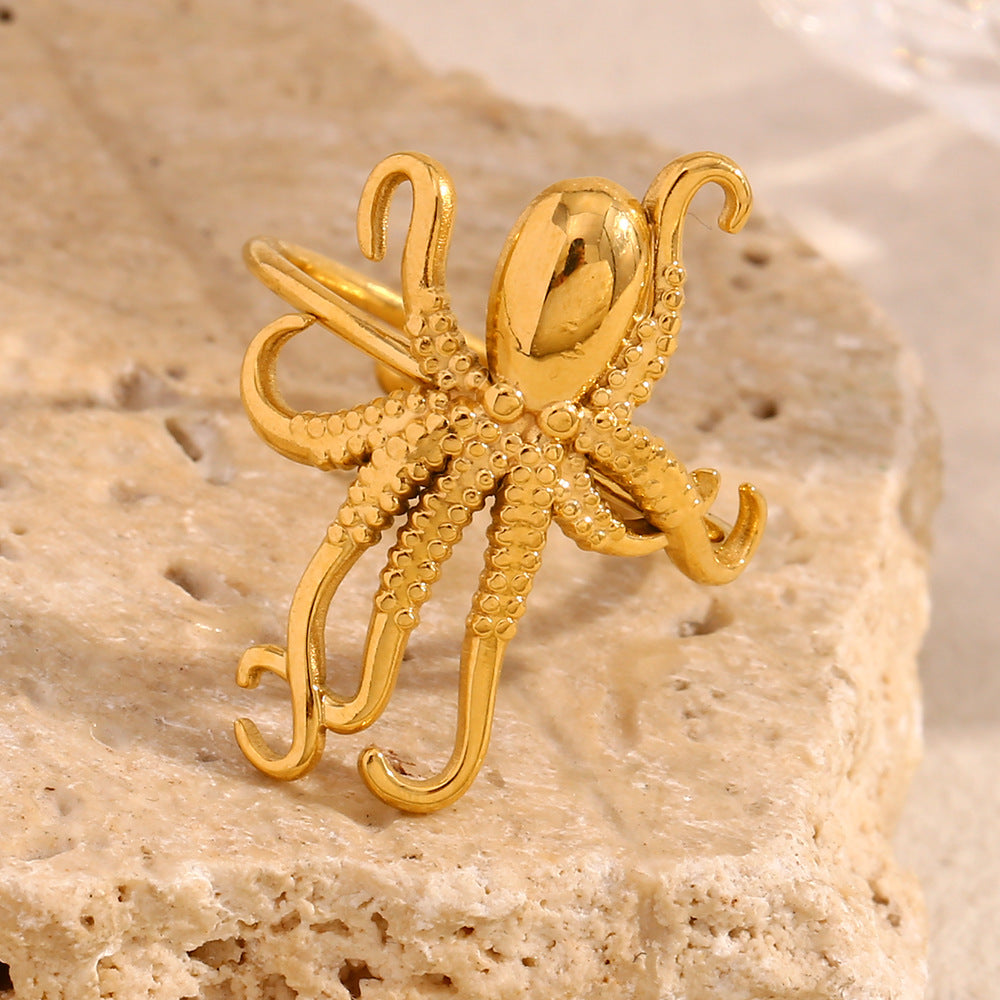 Exaggerated Niche Personality Design Ocean Series Hand Jewelry Stainless Steel Plated 18K Gold Octopus Open Ring