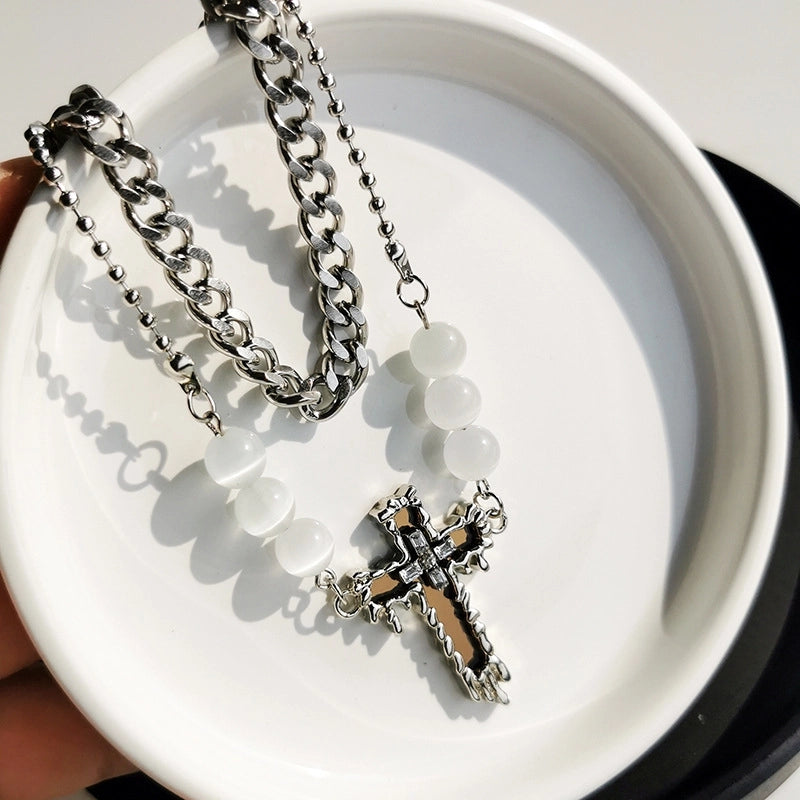 Casual Retro Minimalist Cross Alloy Titanium Steel Beaded Inlay Rhinestones Unisex Double Layer Necklaces