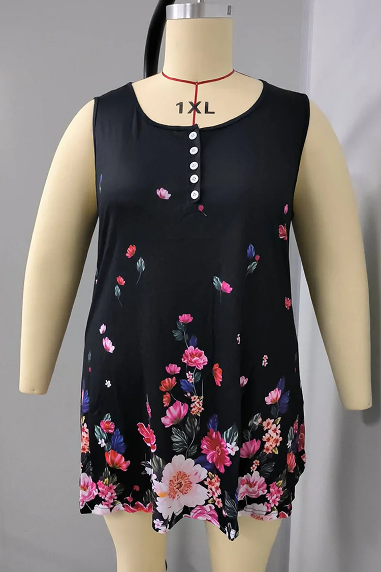 Plus Size Floral Print Button Up Loose Casual Tank Top  Flycurvy [product_label]