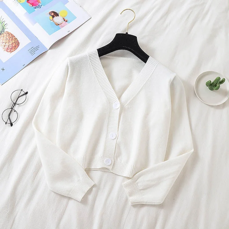 Spring Newly Green Cropped Cardigans Women 2021 Loose Ladies Short Knitted Sweaters Long Sleeve V neck Solid Chic Streetwear