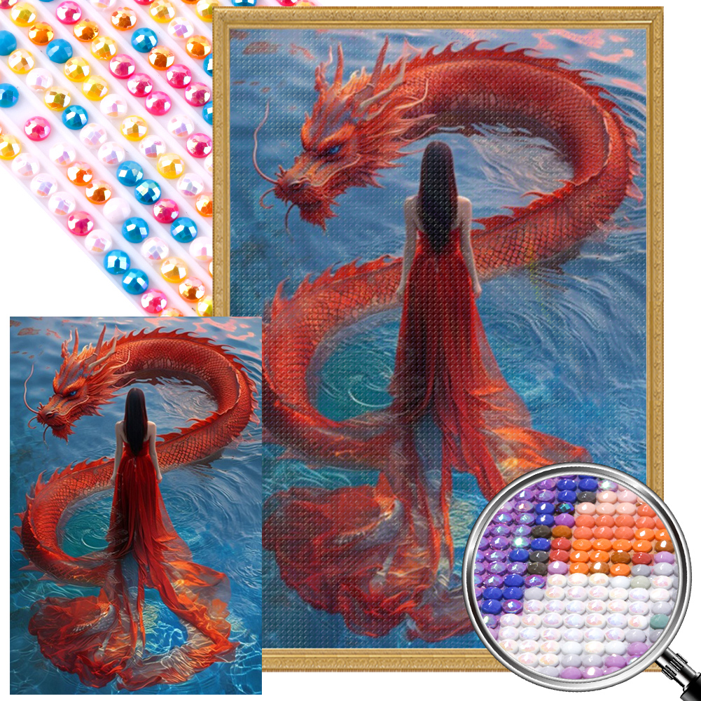 Dragon And Red Dress Girl 40*60cm(picture) full round drill diamond painting with 3 to 5 colors of AB drills