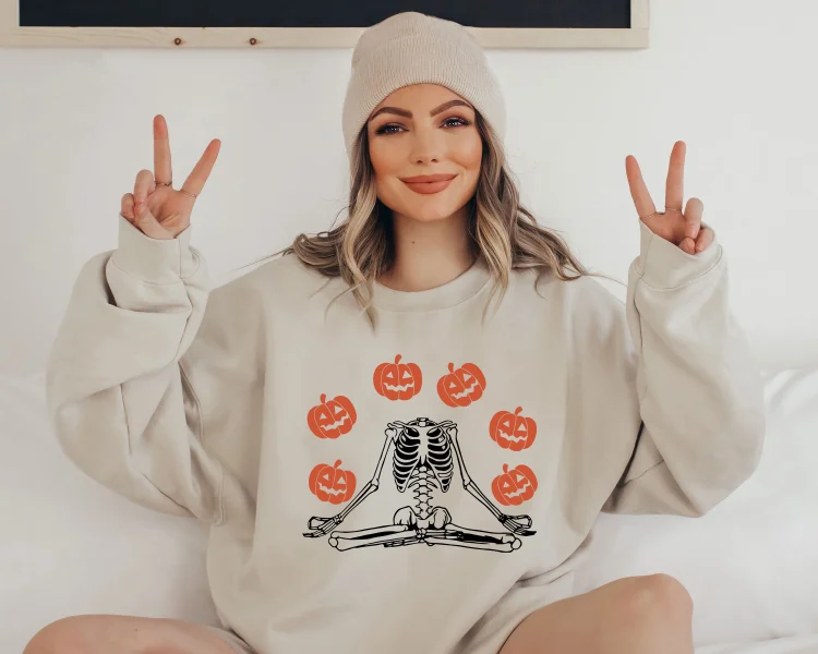Pumpkin Halloween Sweatshirt, Retro Funny Halloween Sweatshirt, Skeleton Namaste Halloween Shirt, Fall Yoga Sweatshirt for Women