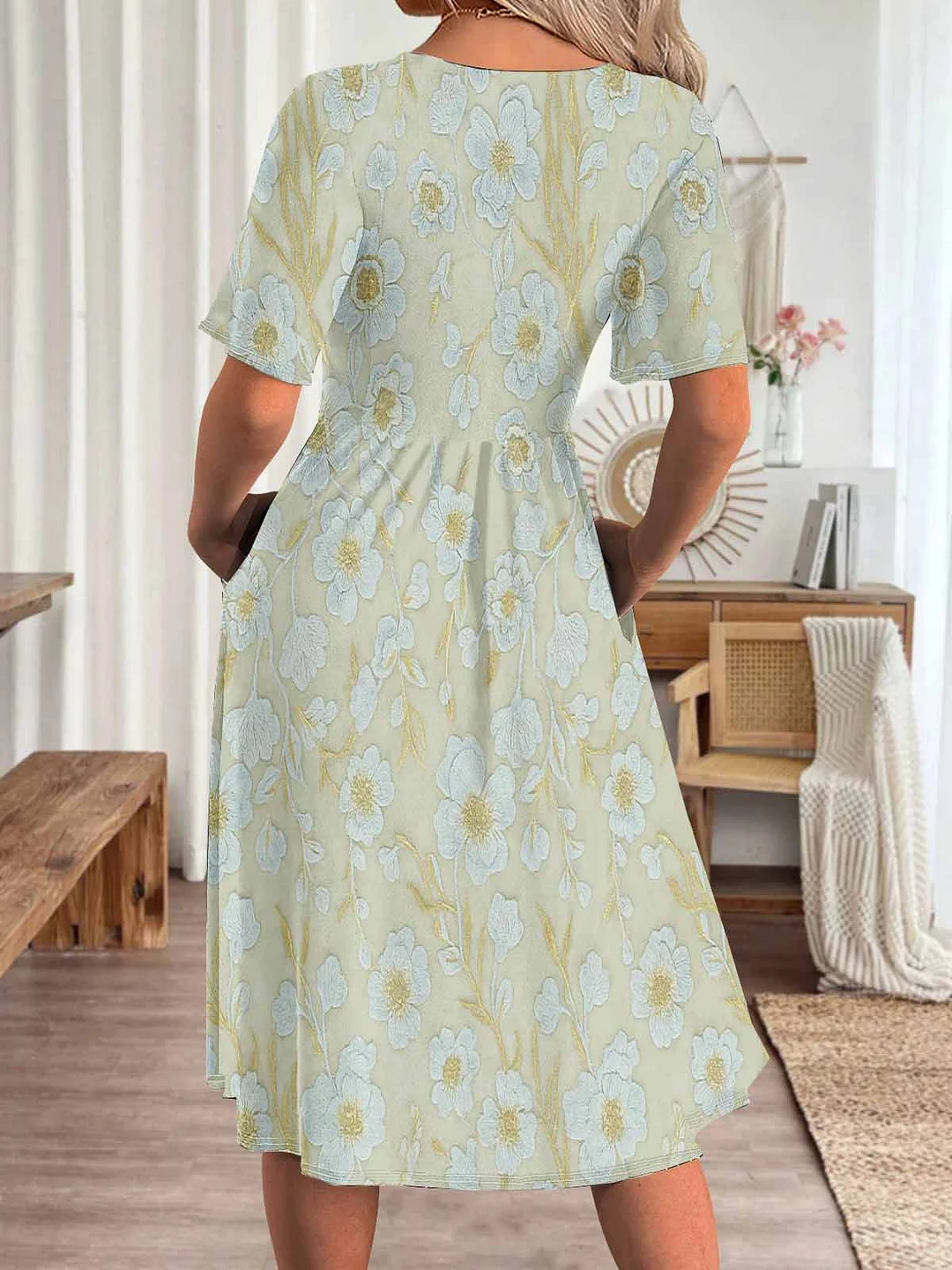 Women Floral,Green DZHA8208 Short Sleeve Scoop Neck Graphic Printed Hollow Midi Dress