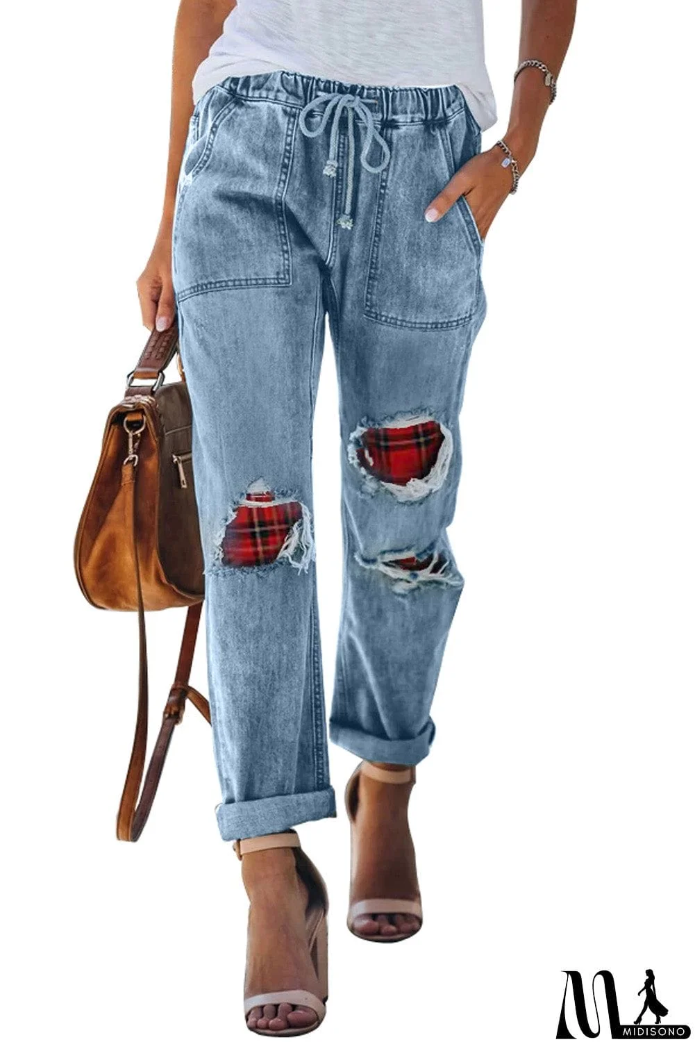 MidiSono - Plaid Patches Cotton Pocketed Denim Jeans