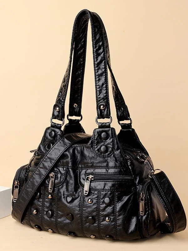 Heart Studded High Capacity Washed Leather Bag