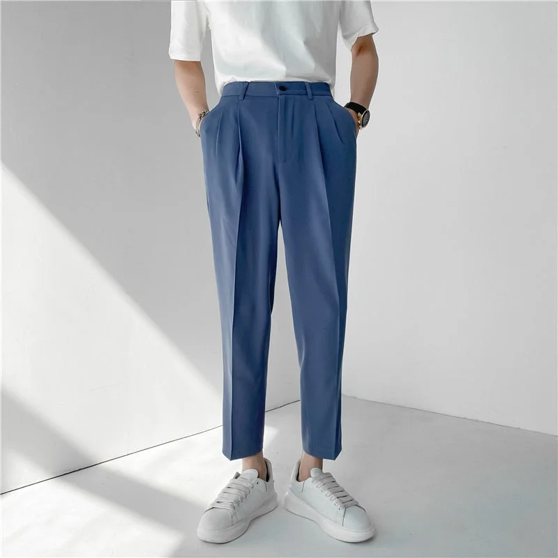 Woherb 2021 New Men's Suit Pants Korean Design Summer Loose Ankle Length Bottoms Elastic Waist Solid Streetwear Cool Casual Clothing