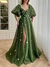 Dusty Forest Green 3D Floral Appliqué Daisy Formal Gown Half Puff Sleeve High Leg Split Sexy Floor Length Maxi Cottagecore Whimsical Ethereal Fairy Enchanted