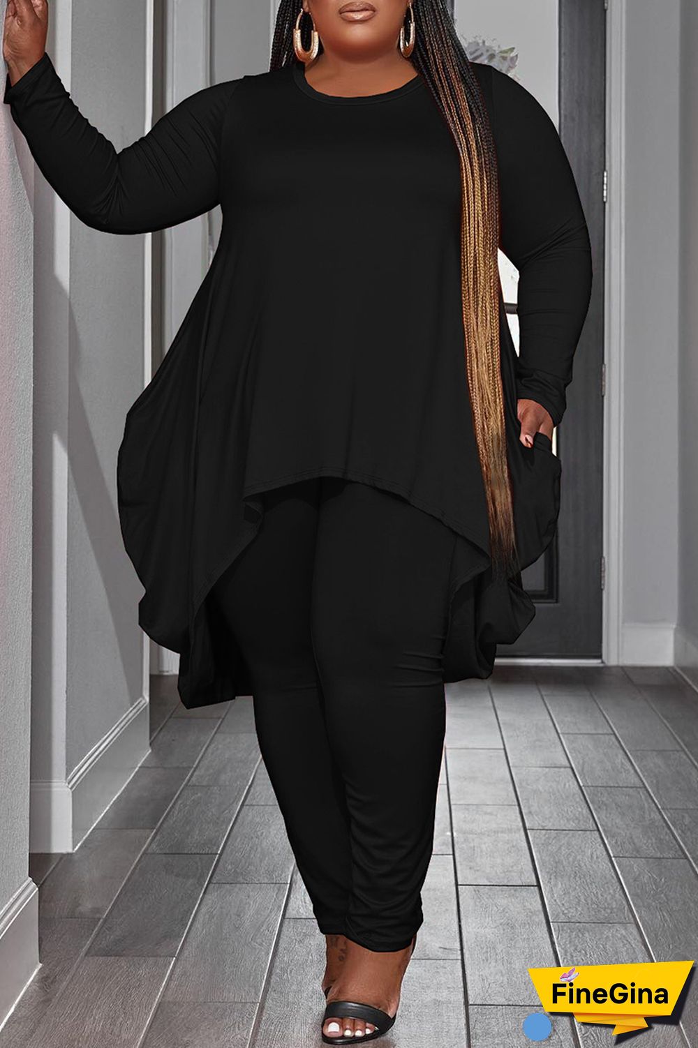 Black Casual Solid Asymmetrical O Neck Plus Size Two Pieces