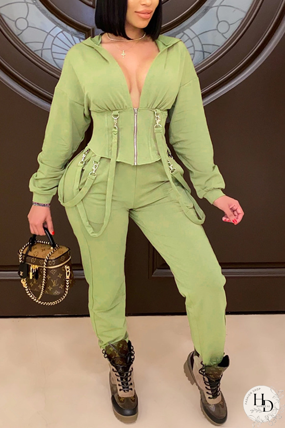 Army Green Casual Solid Split Joint Draw String Hooded Collar Long Sleeve Two Pieces