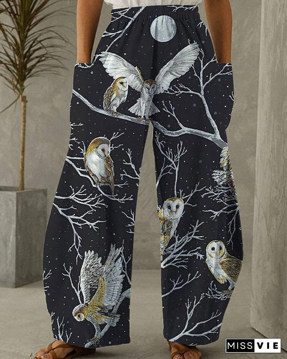 Women's Vintage Owl Print Loose Pants S-5XL