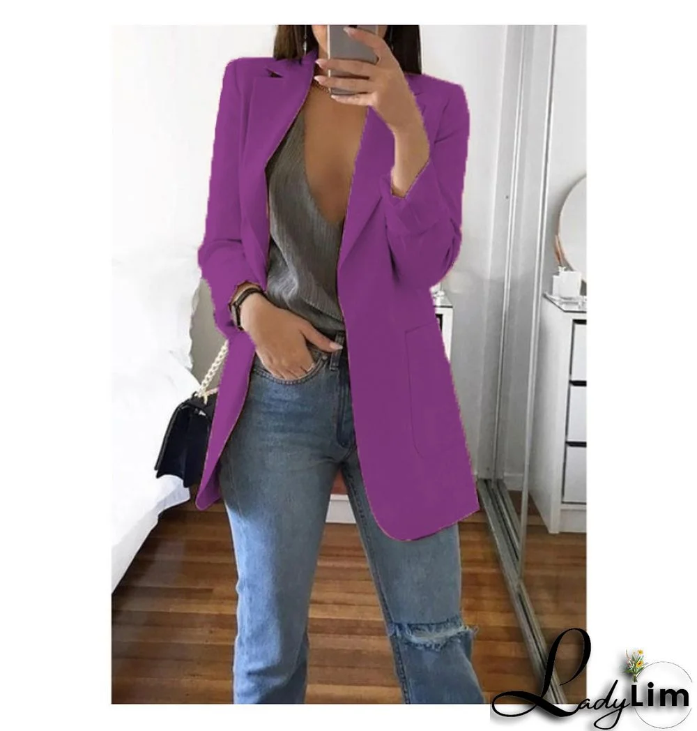 Fall Winter Solid Color Turndown Collar Slim Cardigan Chic Blazer