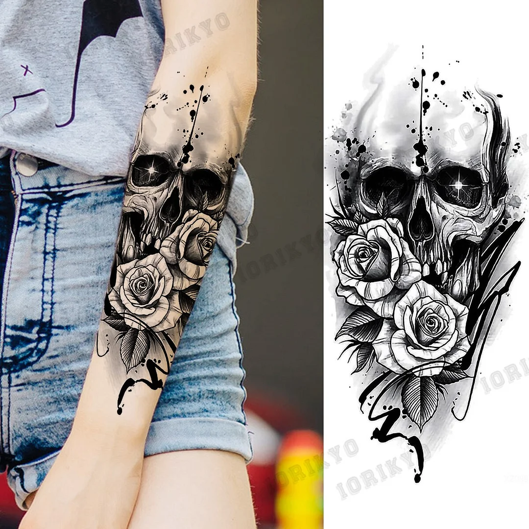 Black Devil Vampire Arm Temporary Tattoos For Women Adult Skull Lion Crown Compass Fake Tattoo Washable Body Art Painting Tatoos