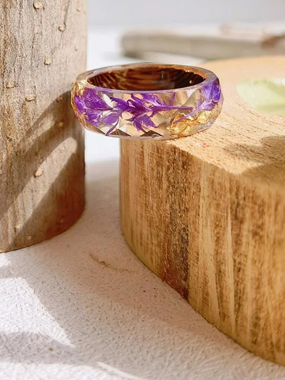Handmade Dried Flower Inlaid Resin Ring-Gold foil purple