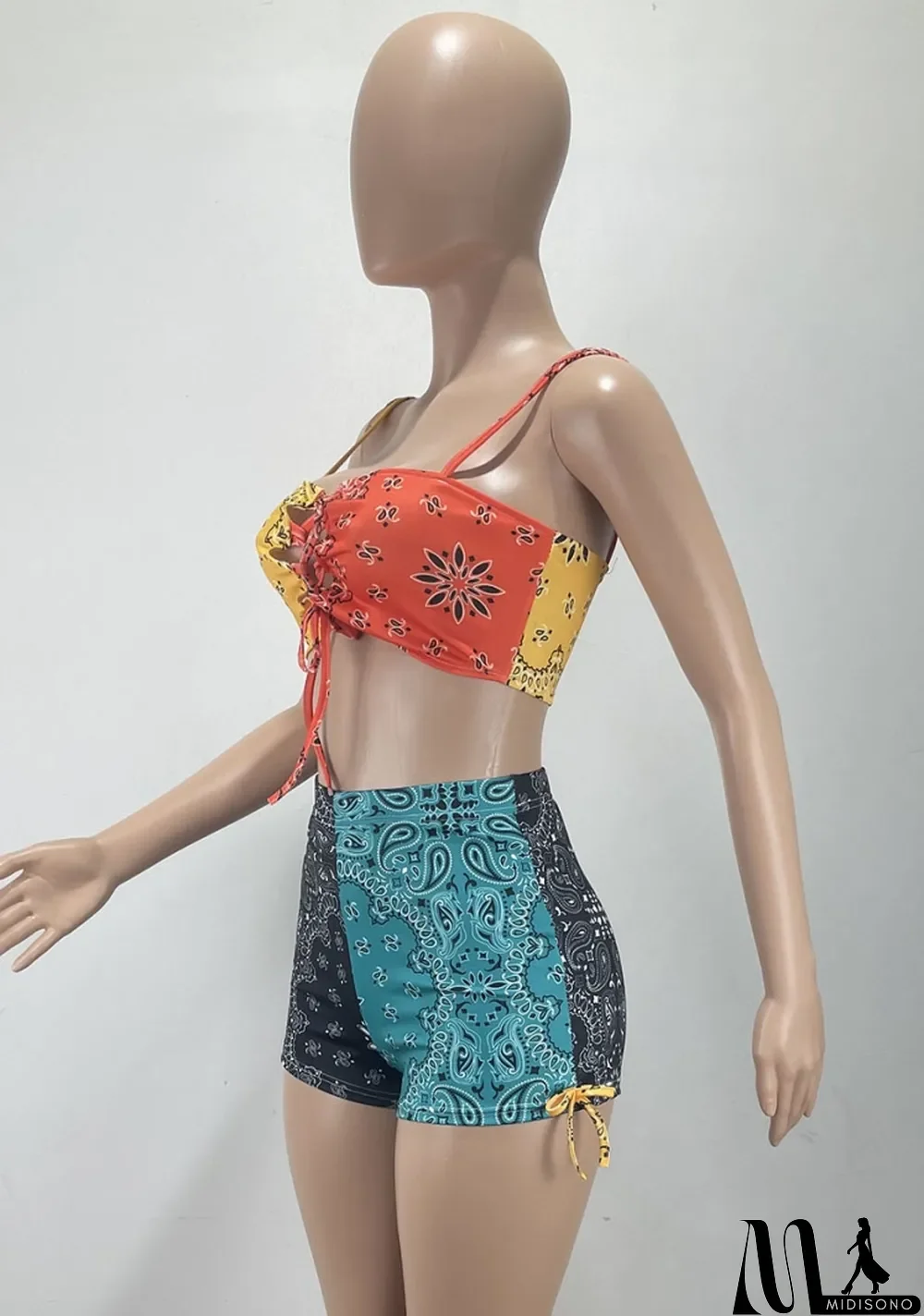 MidiSono - Women Summer Printed Sexy Sleeveless Crop Top Hollow Out Two Piece Shorts Set