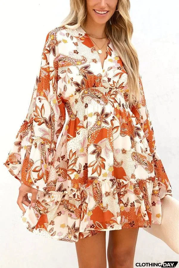 Upon The Harvest Floral Bell Sleeve Mini Dress