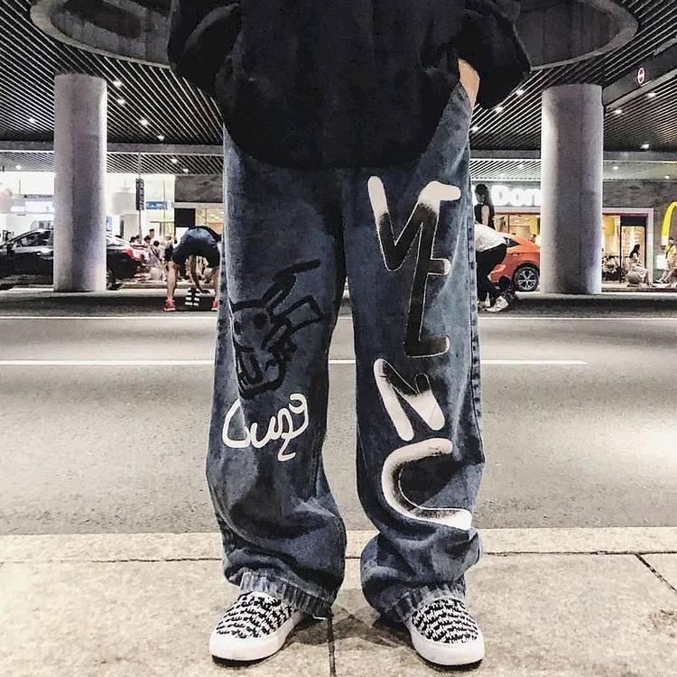 Y2k Men's Casual Streetwear Graffiti Blue Wide-leg Baggy Jeans Baggy Pants at Hiphopee