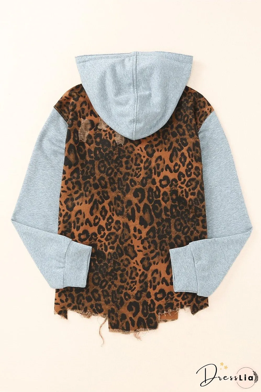 Leopard Distressed Drawstring Hooded Denim Jacket