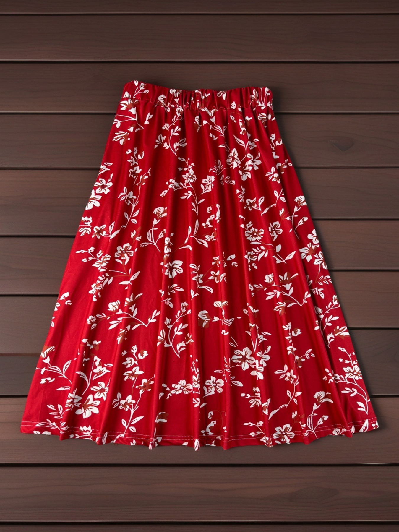 Plus Size, Women's Plus-Size Digital Print Midi Skirt - Vibrant Red With White Floral Pattern, Flared Umbrella Silhouette, Mid-Stretch Machine-Washable Fabric For All-Season Lounge & Casual Wear - Elegant Home & Outing Skirt, Relaxed Outfit | IFYHOME