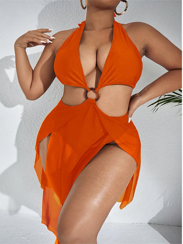 Plus Size Ring Gathered Hollow Gauze Bikini Set