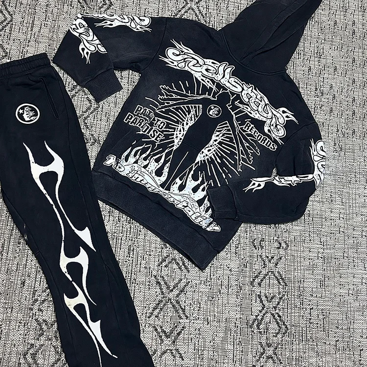 Vintage Hellstar Graphic Hip-Hop Hoodie & Flared Trousers Two Piece Set